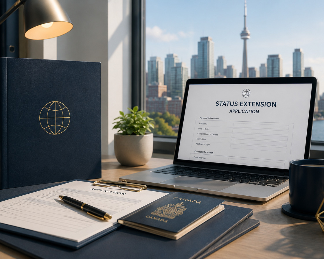 Laptop showing a status extension application form beside a Canadian passport and documents in a Toronto office