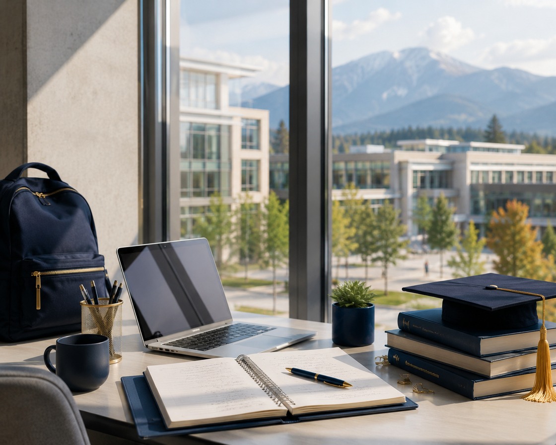 Student desk with a laptop, notebook, textbooks and graduation cap beside a campus view