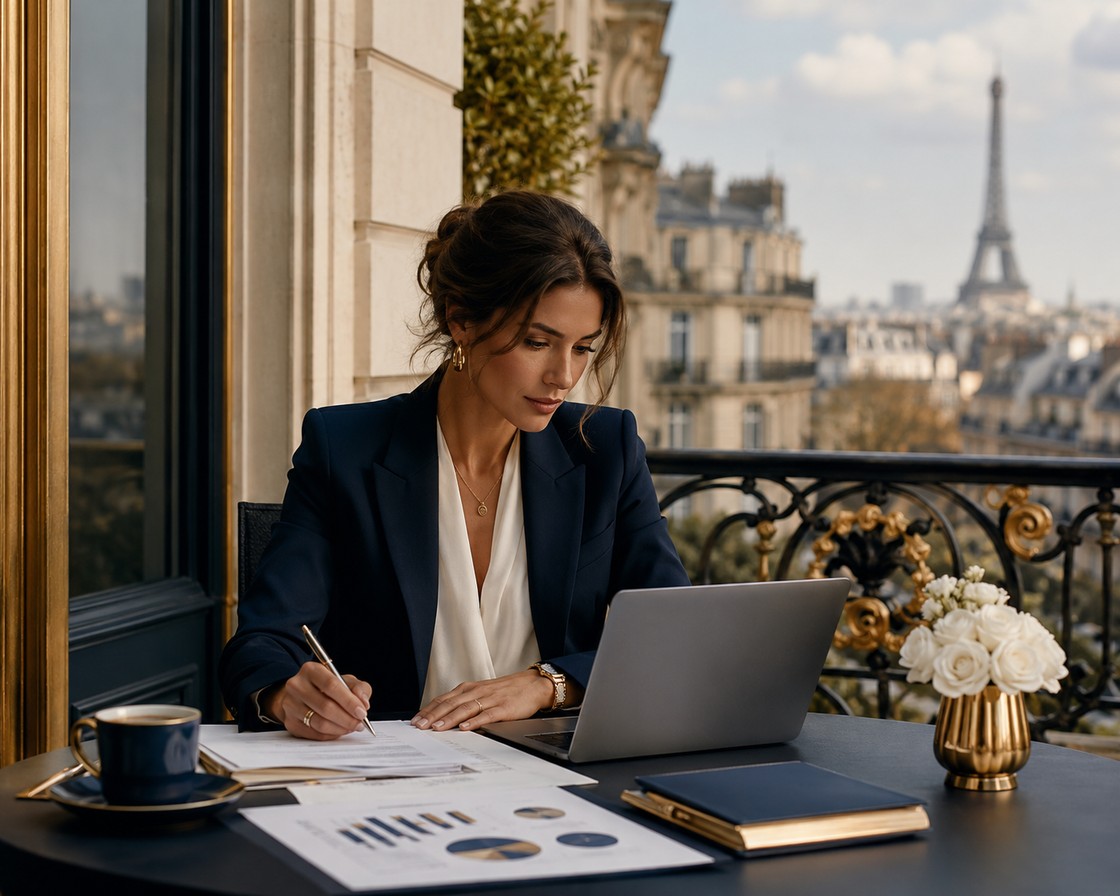 Professional reviewing business documents on a Paris balcony with the Eiffel Tower behind