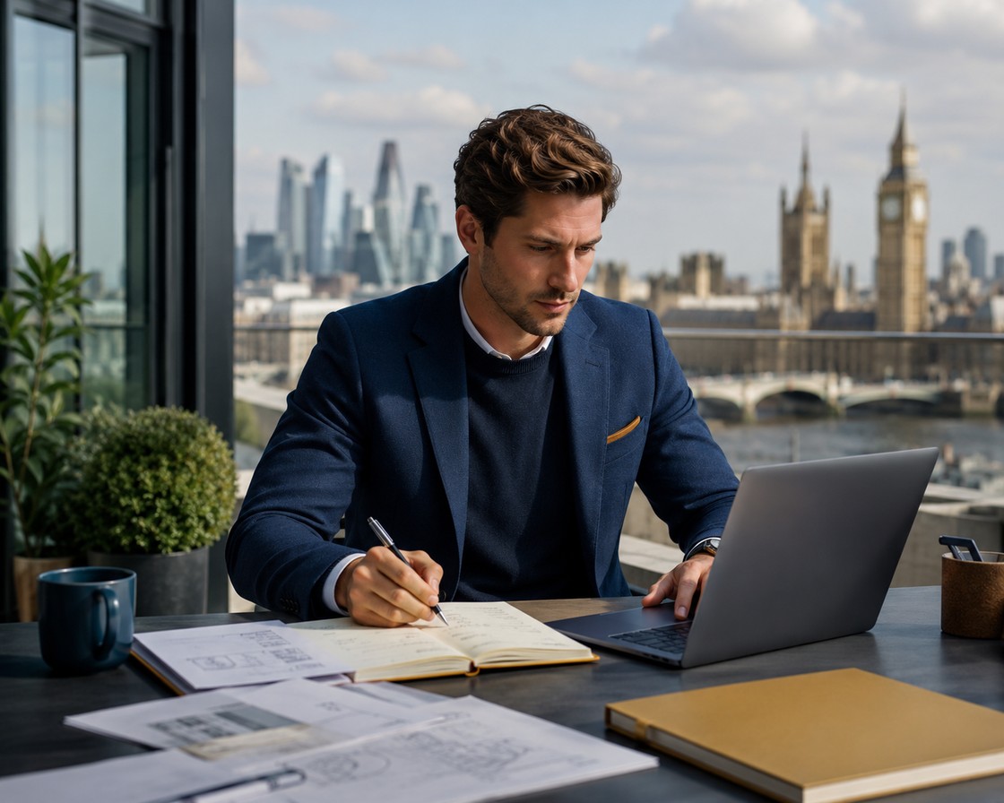 Founder working on a laptop and notebook with the London skyline and Big Ben in the background