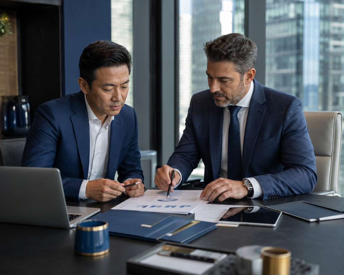 Two business professionals reviewing an entrepreneur immigration business plan in a downtown office