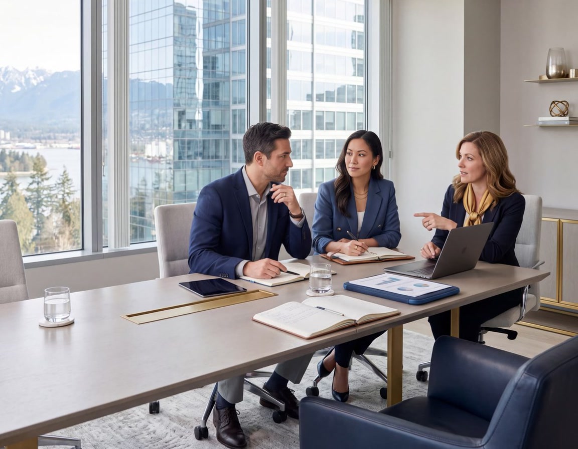Professional consultation in a bright Vancouver office overlooking the city and harbour
