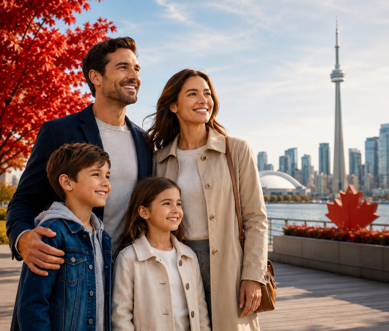 Family standing by the Toronto waterfront with autumn maple trees and the city skyline