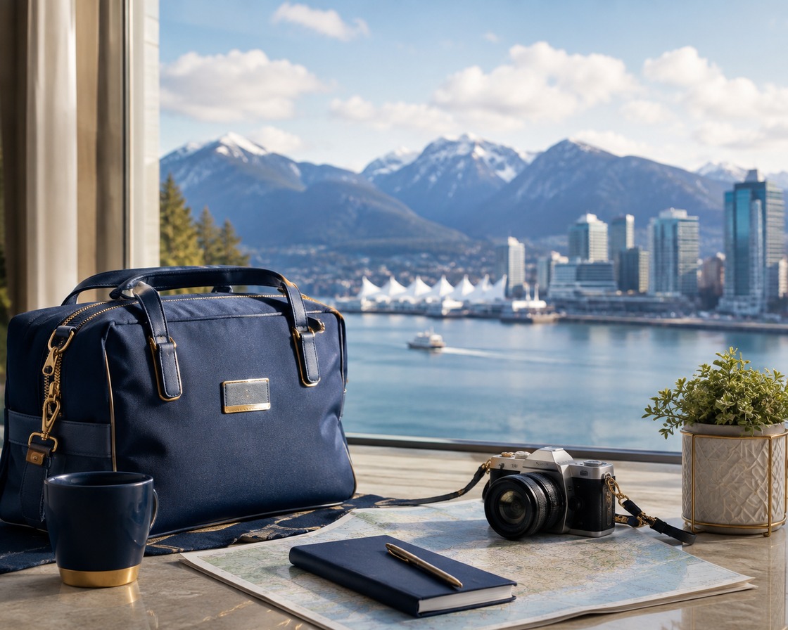 Travel bag, map, camera and notebook on a table overlooking Vancouver harbour and mountains