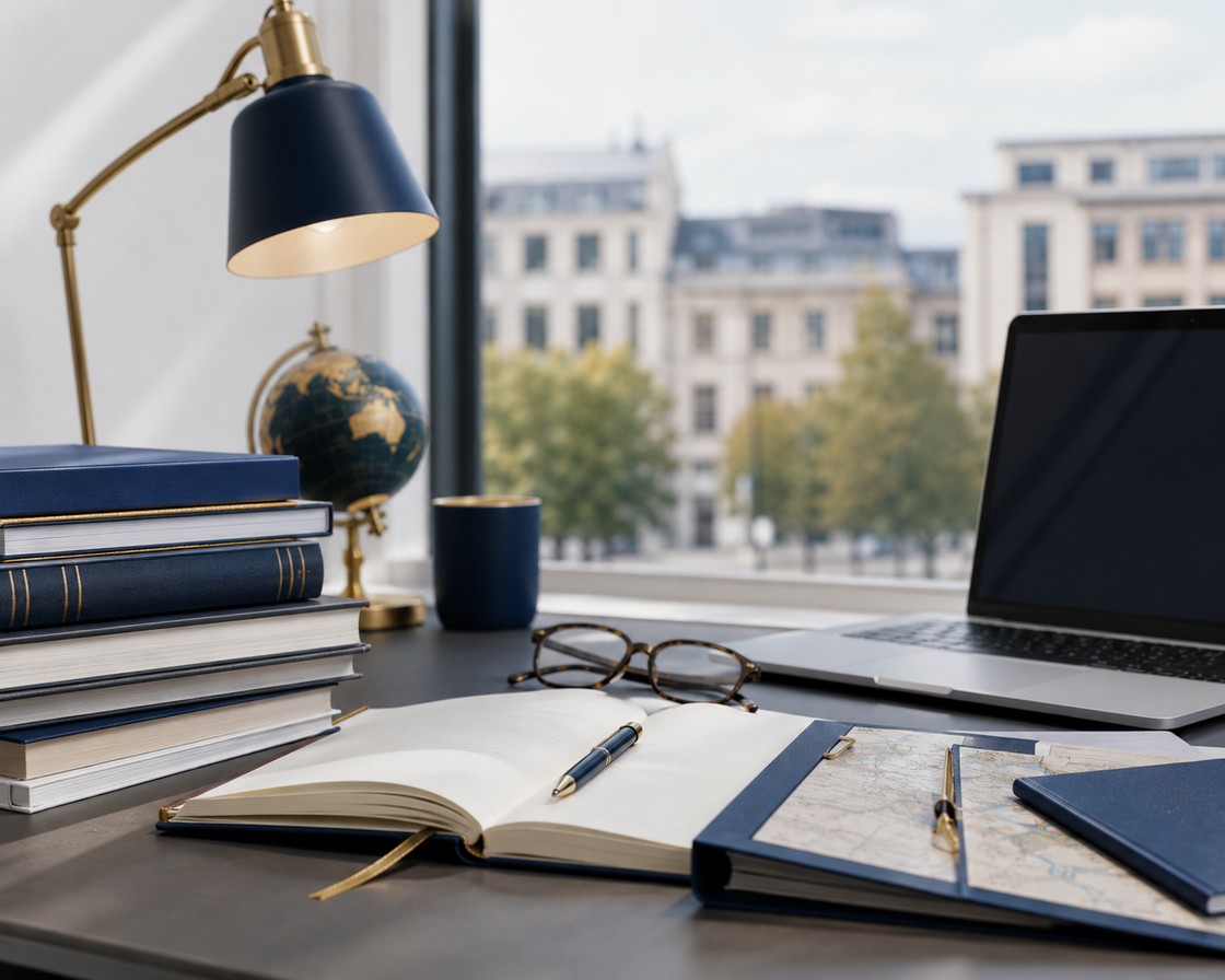 Study desk with books, a globe, maps and a laptop beside a European city view