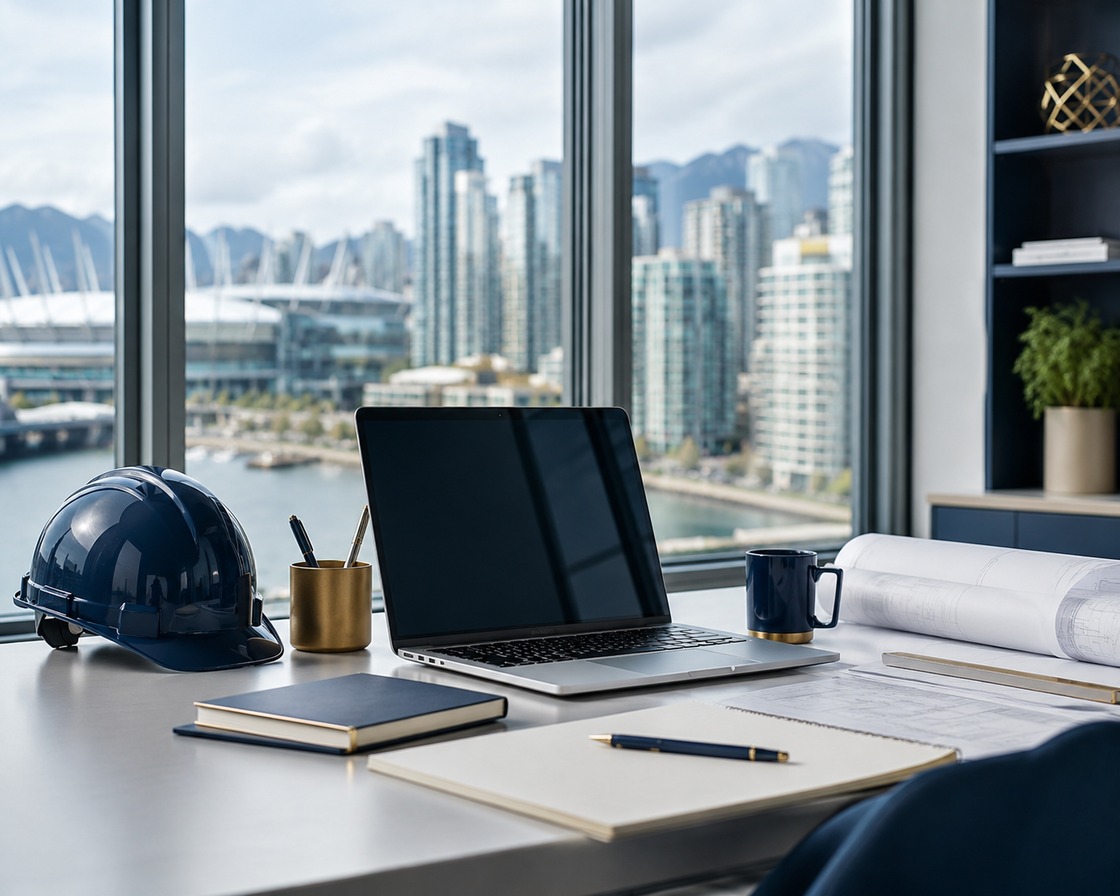 Vancouver office desk with a laptop, safety helmet and project plans overlooking the city skyline