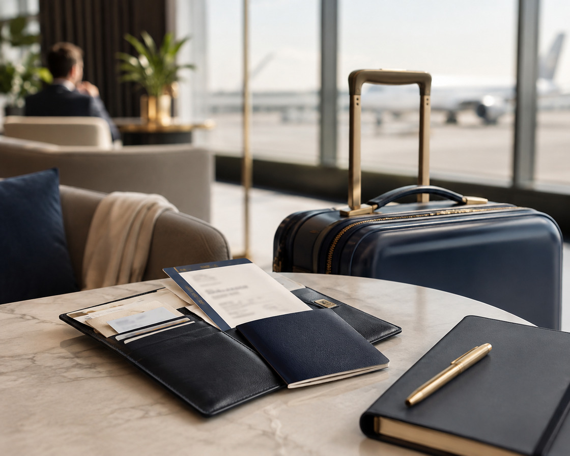 Travel wallet, passport and luggage in an airport lounge with planes visible through the windows