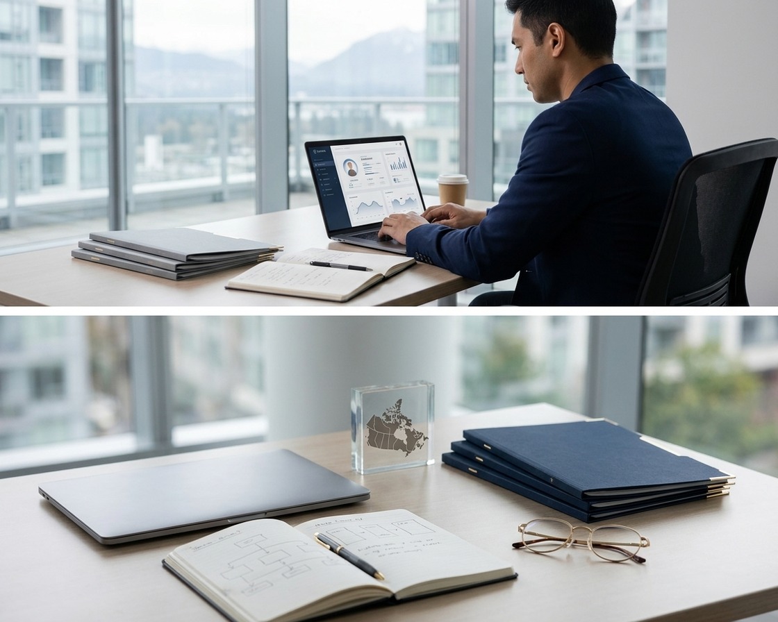 Professional reviewing Express Entry and Provincial Nominee strategy documents in a Vancouver office
