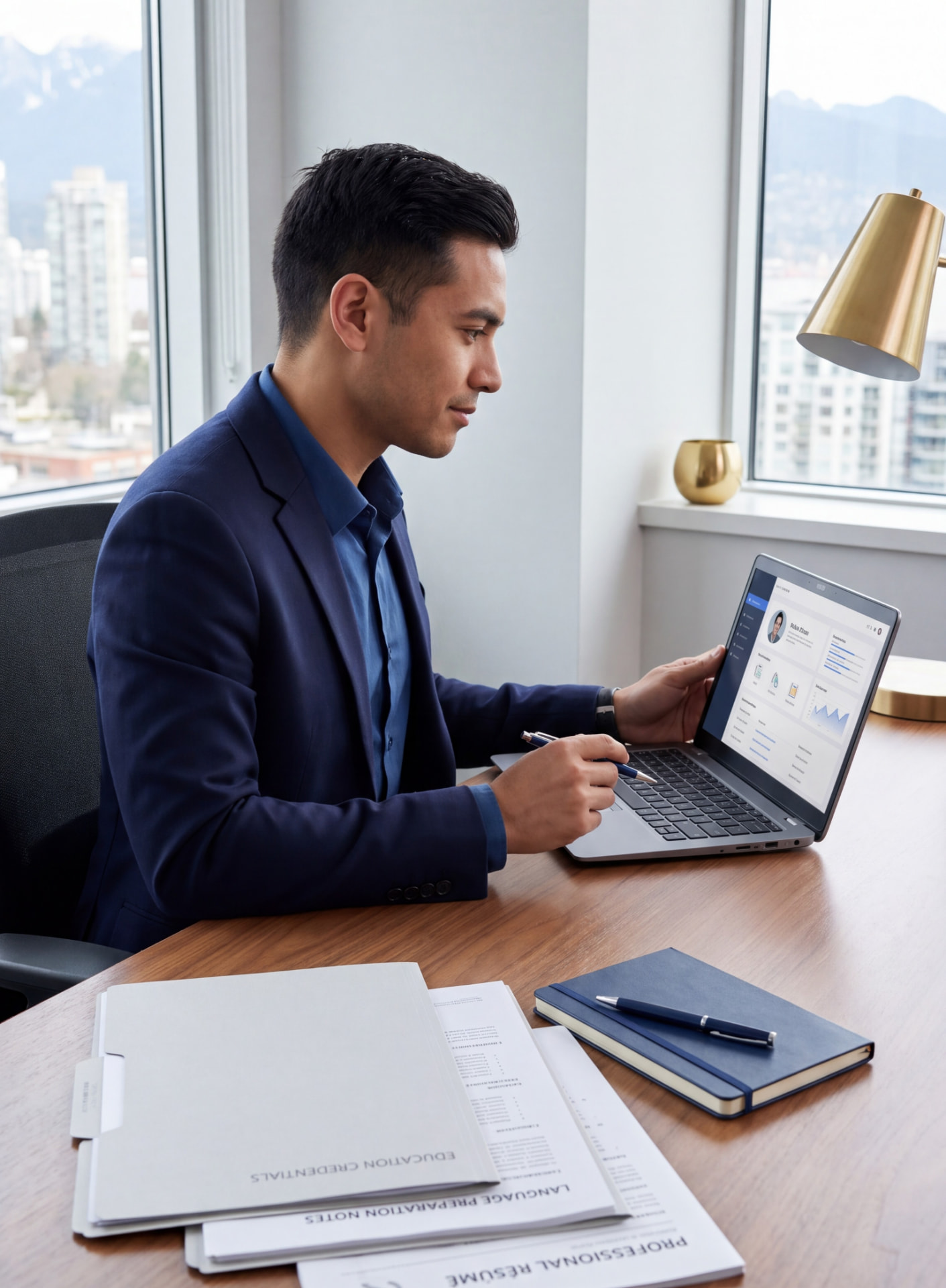 Immigration consultant reviewing a client's Express Entry documents in a Vancouver office