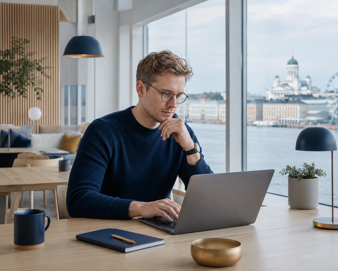 Entrepreneur working on a laptop in a Helsinki waterfront workspace