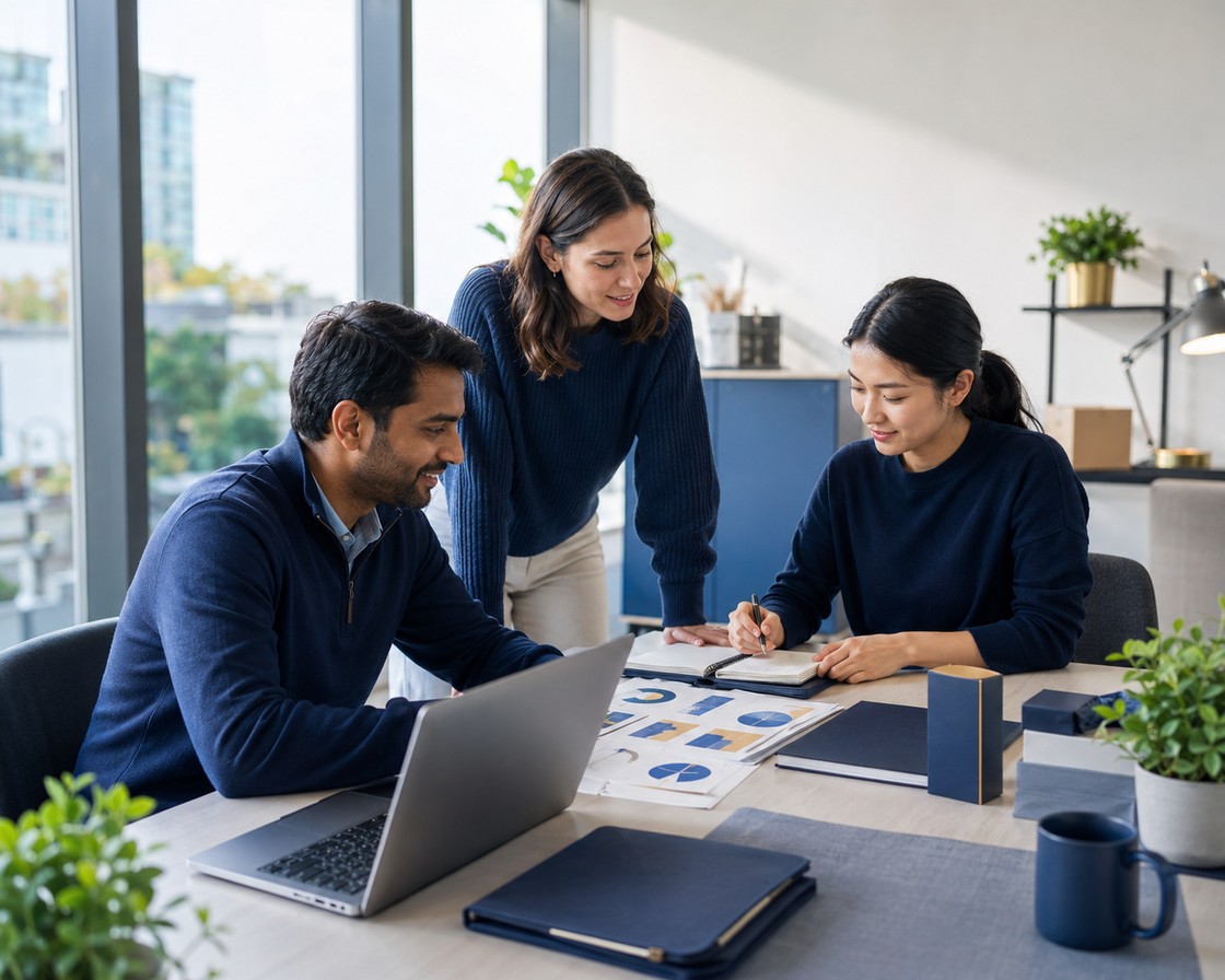 Small team planning a new business launch around a laptop and documents in a bright office