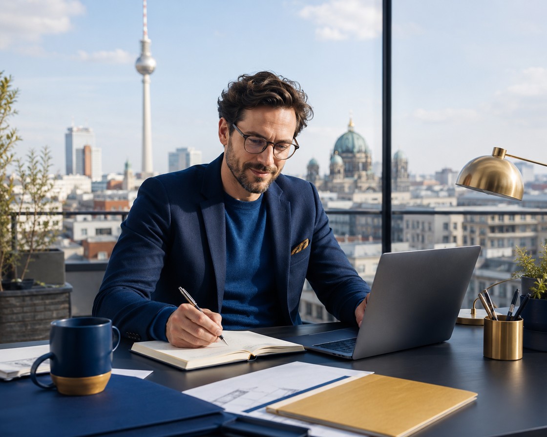 Self-employed professional working at a desk overlooking the Berlin skyline