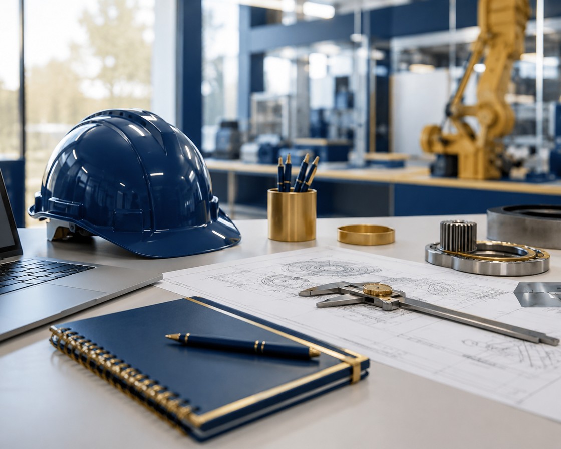 Engineering workspace with a safety helmet, technical drawings and precision components
