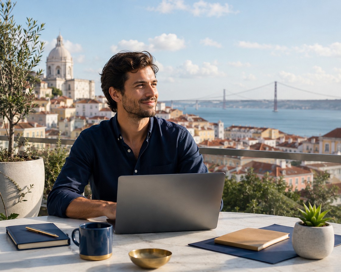 Entrepreneur working on a terrace overlooking Lisbon rooftops and the river