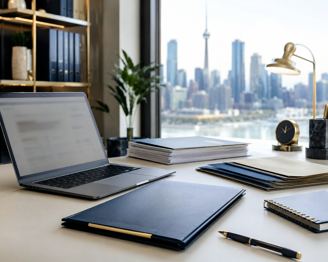 Professional desk with a laptop, navy folders and a pen overlooking the Toronto skyline
