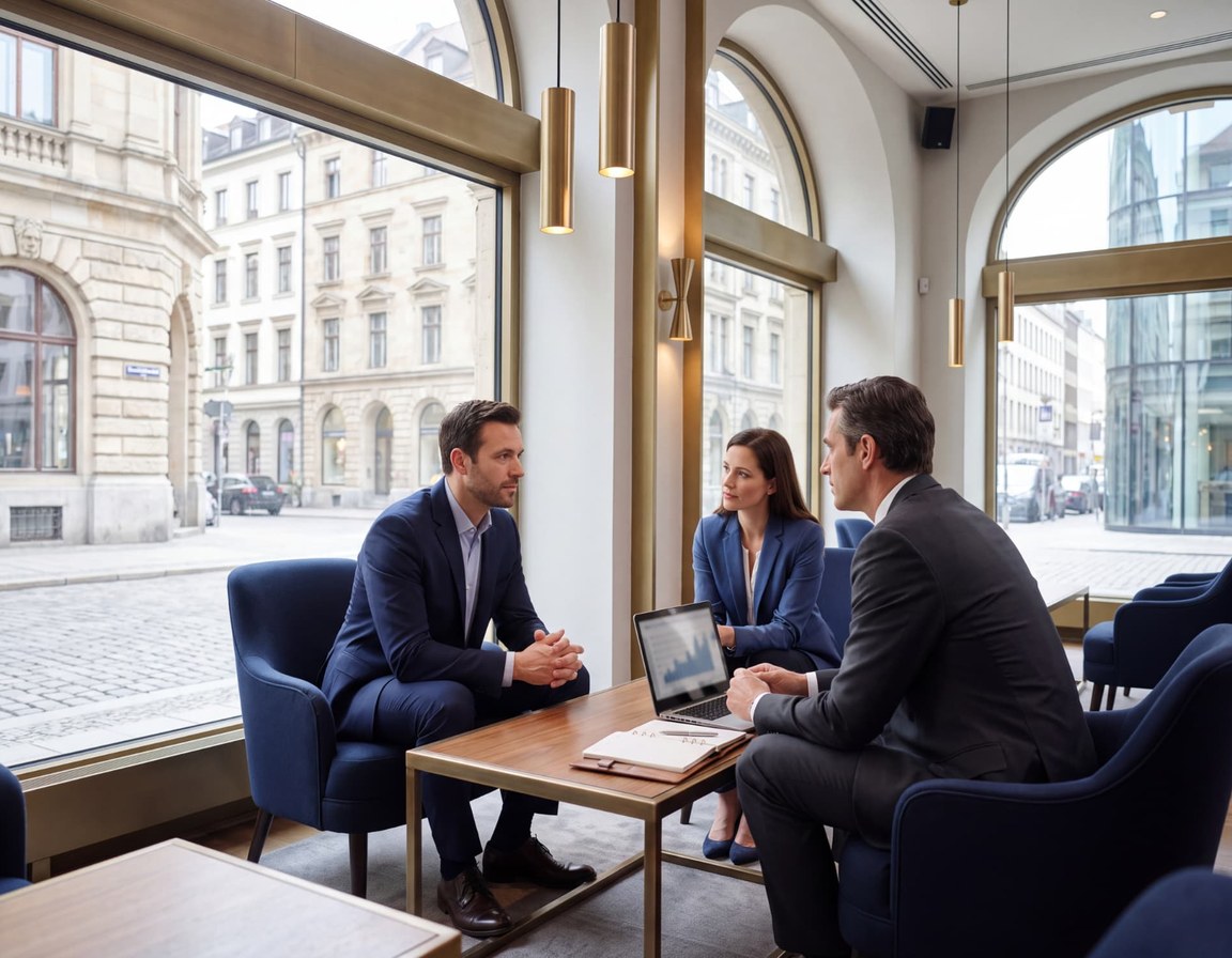 Business consultation in a European city office with arched windows