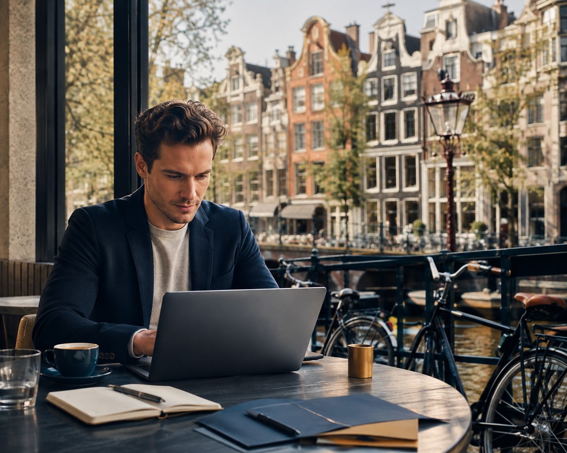 Founder working on a laptop in an Amsterdam canal-side cafe
