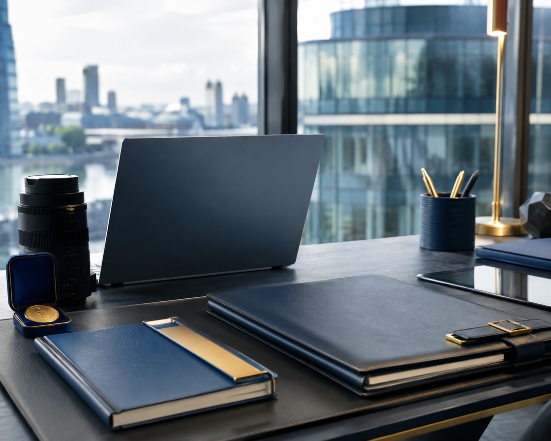Executive desk with laptop, leather folders and camera lens overlooking the London skyline