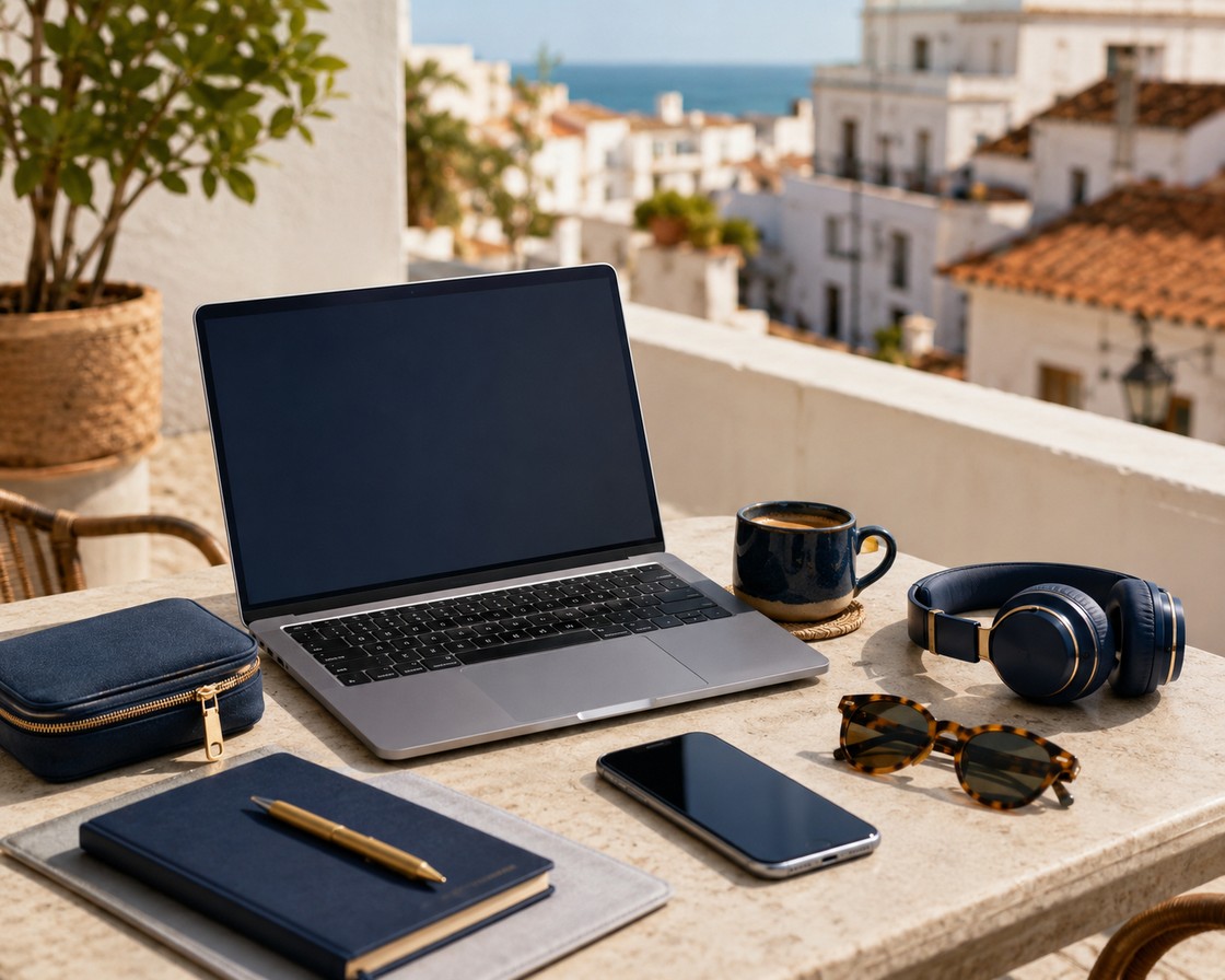 Laptop, notebook and coffee on a sunny Mediterranean terrace overlooking whitewashed rooftops and the sea