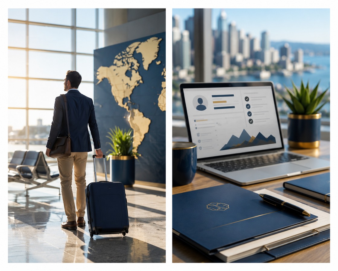 Professional with luggage facing a world map and a laptop showing an immigration profile dashboard