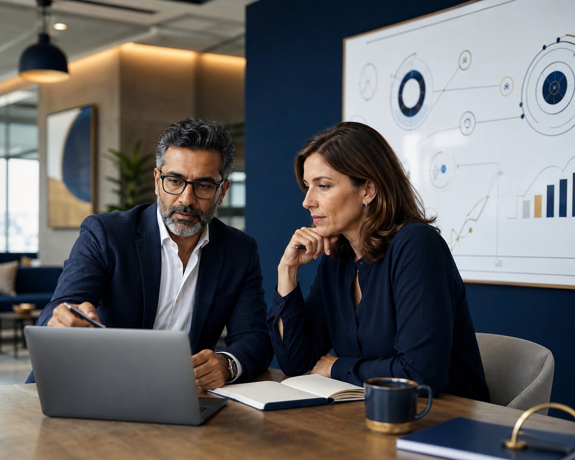 Advisor and founder reviewing start-up visa application progress on a laptop
