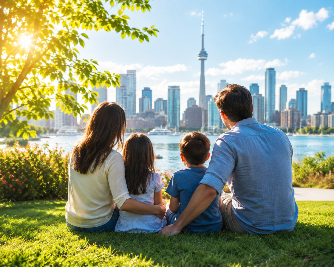 Family sitting together with the Toronto skyline in the background